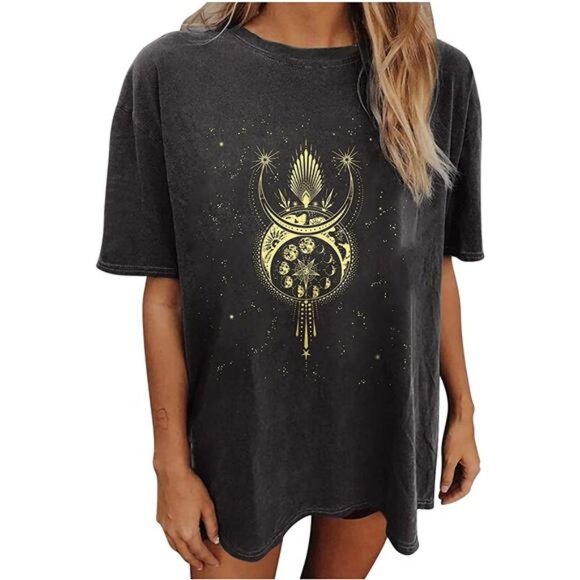 Boho Moon & Stars Graphic Printed Oversized T Shirt Vintage Short Sleeve Tee Top - Picture 2 of 7